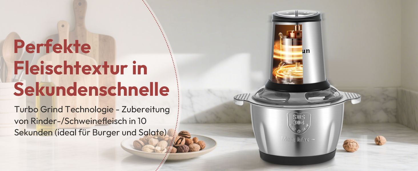 Електричний подрібнювач Jobfun 2L з нержавіючої сталі, 2 швидкості, мультиподрібнювач, м'ясорубка, подрібнювач для м'яса, цибулі, овочів (сірий)