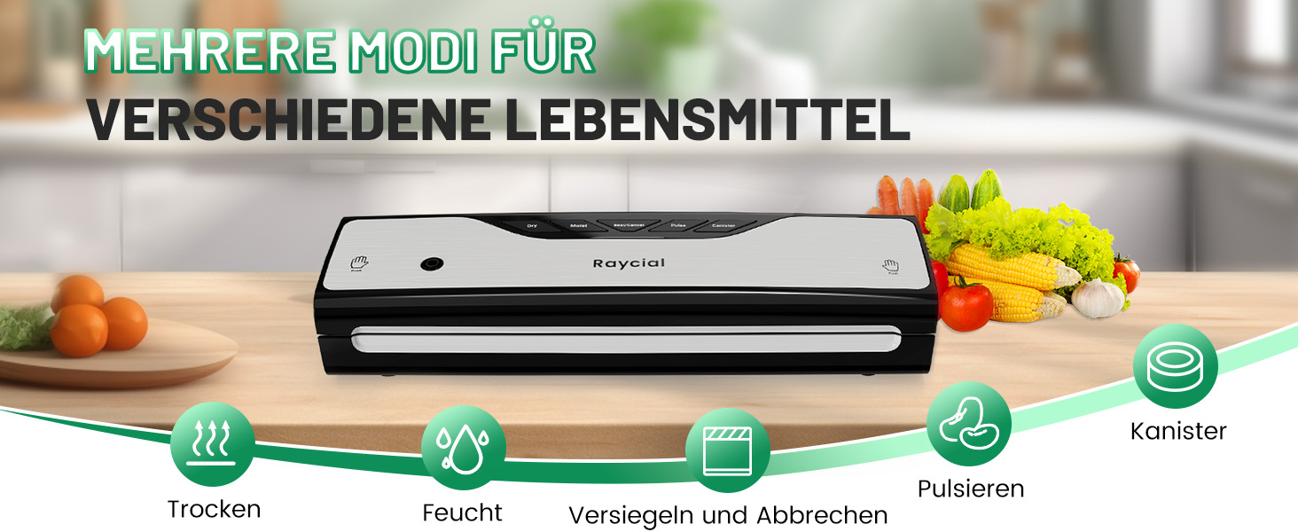 Вакуумний пакувальник Raycial 5-в-1: для сухої/вологої їжі, консервів, з набором пакетів та ріжучим ножем, чорний