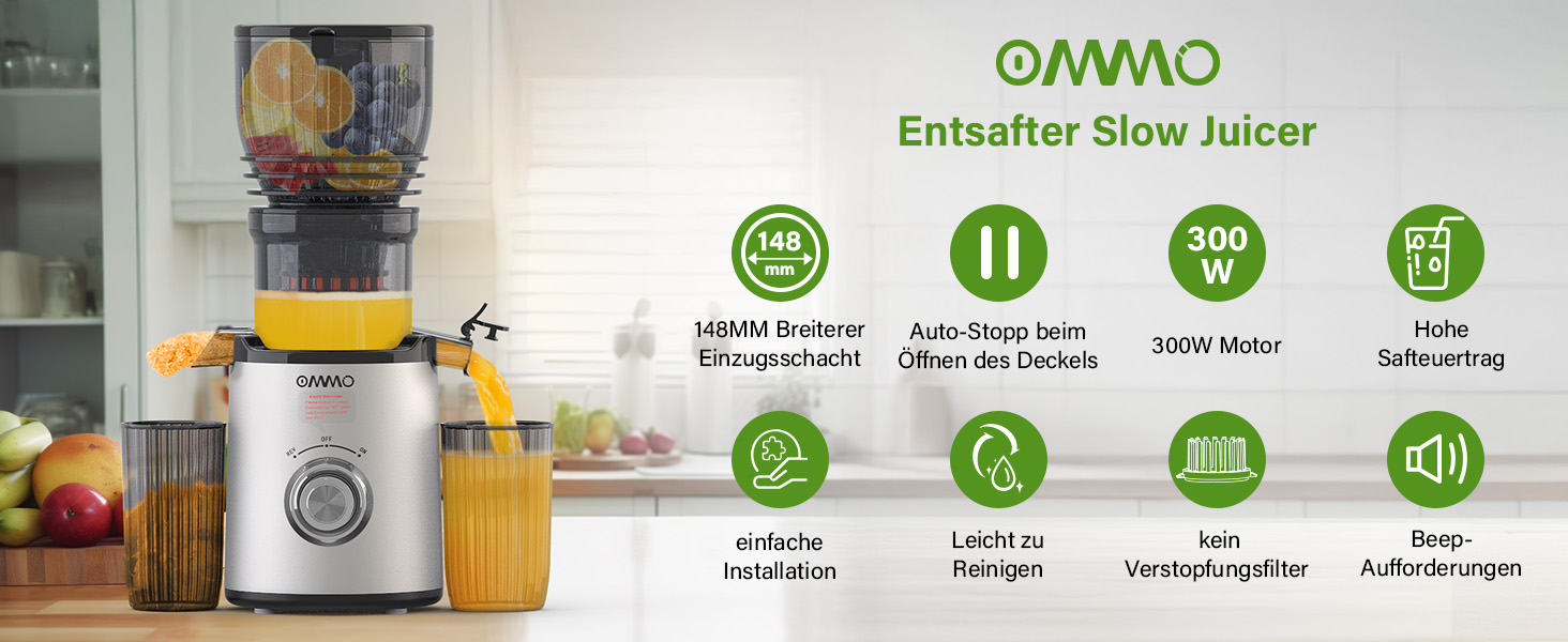Шнекова соковижималка OMMO Slow Juicer для овочів та фруктів, 300 Вт, срібляста