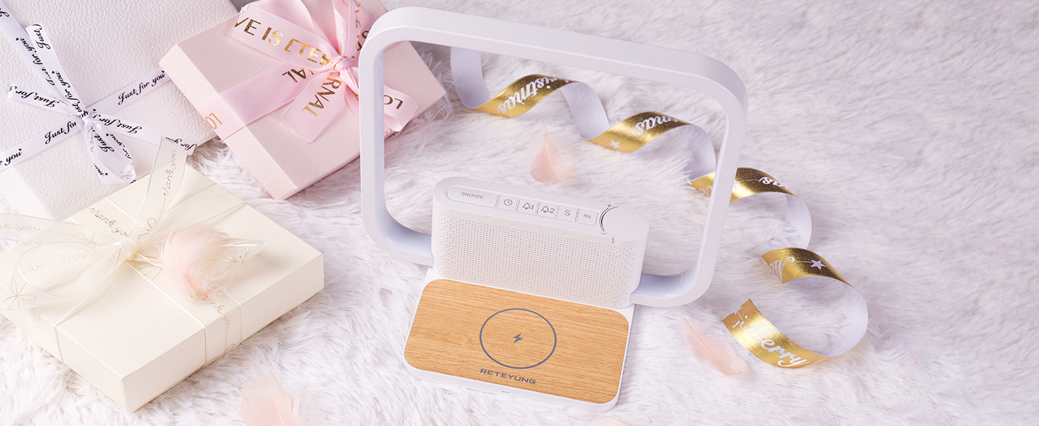 Нічна лампа RETEYUNG з бездроговою зарядкою 10W, 2 будильники, денний світловий будильник, 10 заспокійливих звуків, торкання, регулювання яскравості (3 рівні) (Сучасний дизайн)