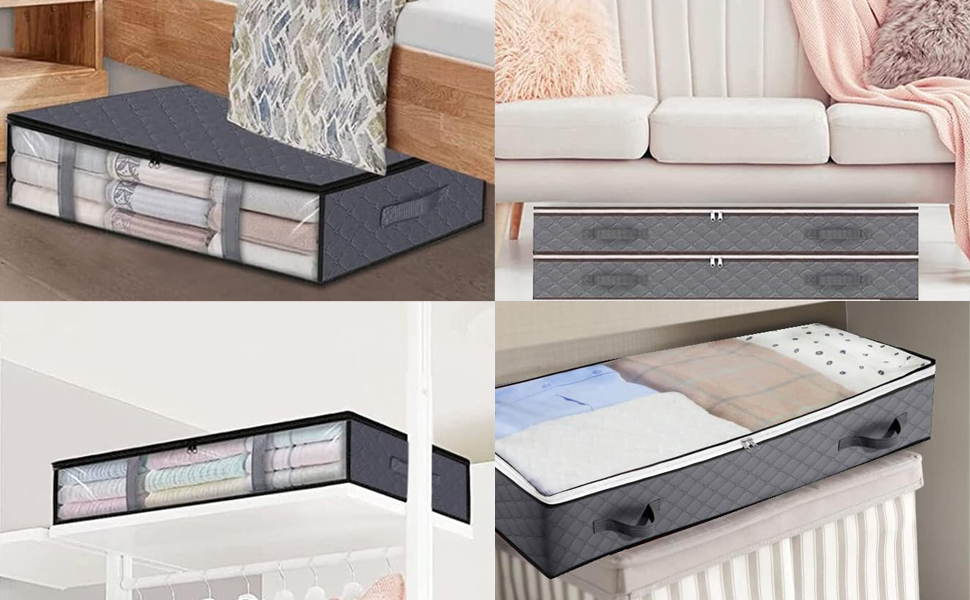 Коробки для зберігання під ліжком (3 шт.) з прозорим вікном та ручками - Складані контейнери для постільних речей, одягу, ковдр 60x45x15 см, темно-сірий