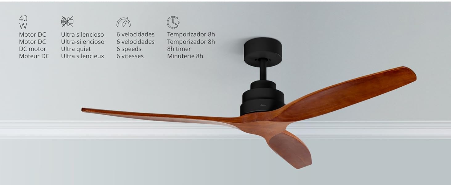 Вентилятор стельовий Ufesa, 40W, 6 швидкостей, тихий, 3 дерев'яних лопаті 132см, літо-зима, таймер 8год, пульт, чорний/темне дерево, без світла