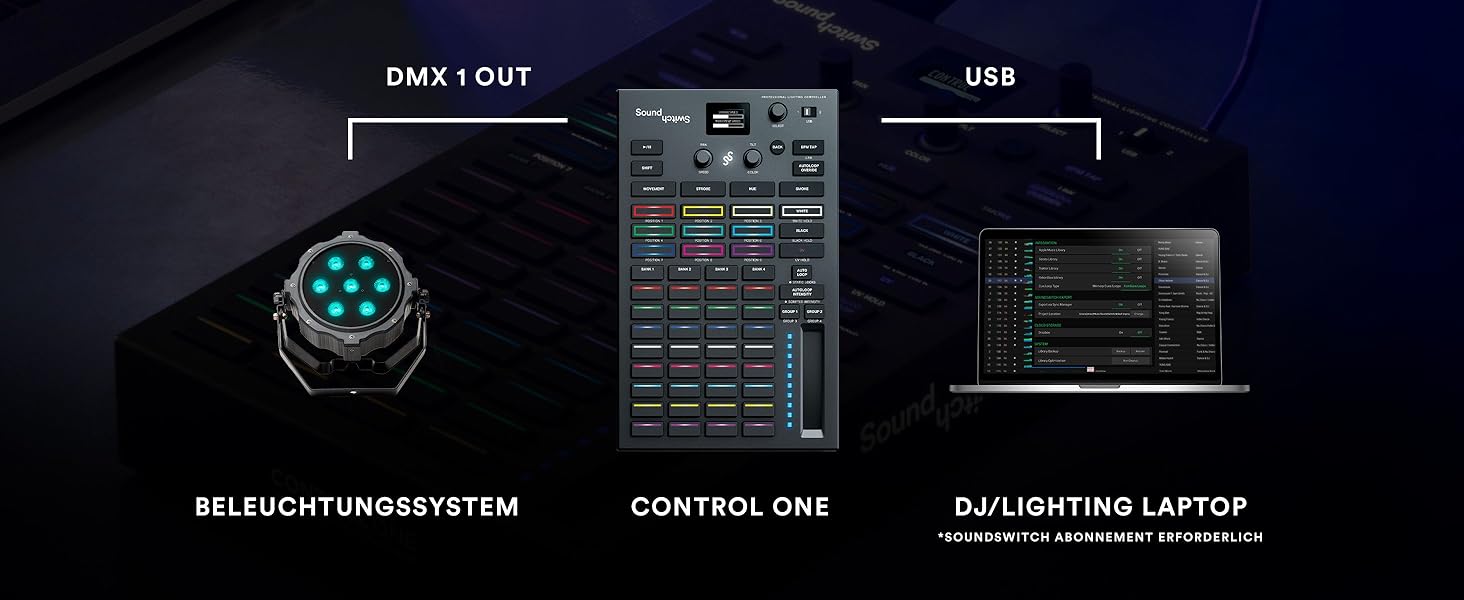 SoundSwitch Control One – Професійний контролер освітлення DMX для DJ з 3 місяцями доступу до програмного забезпечення SoundSwitch, підтримка DMX та Phillips Hue. Чорний колір