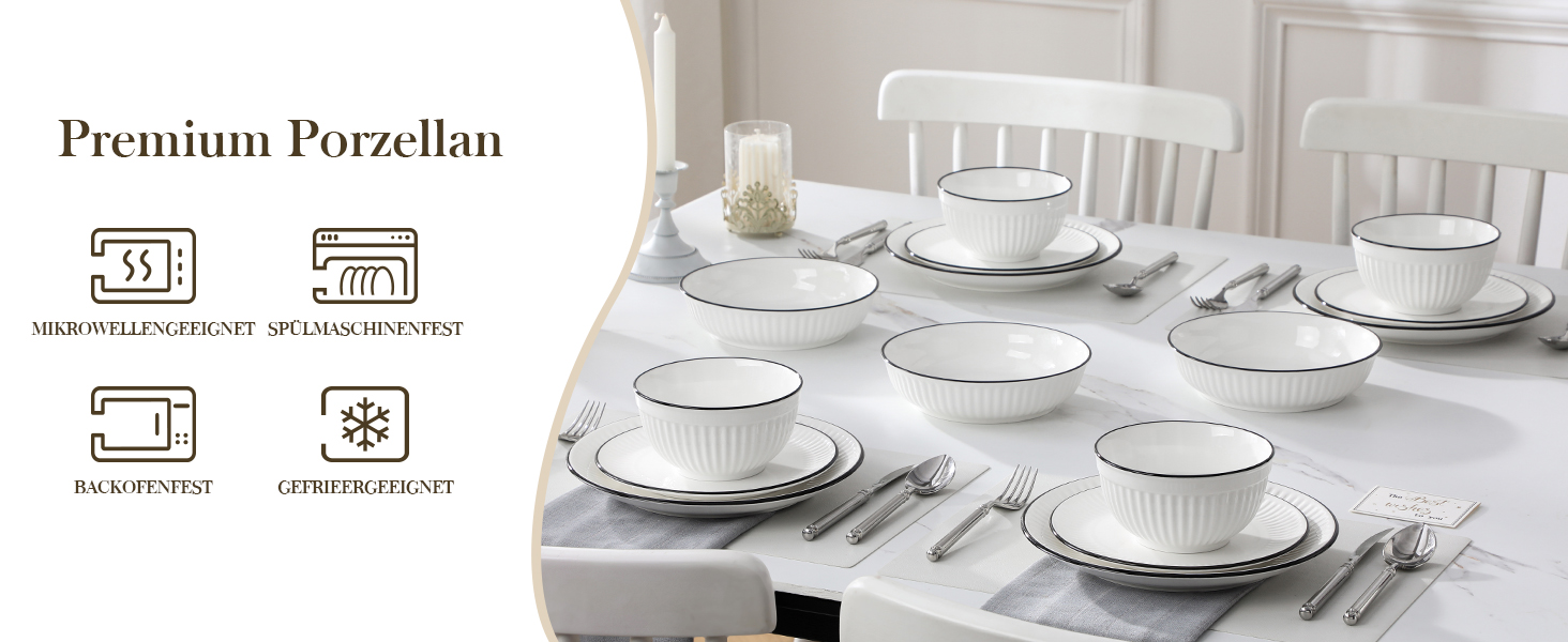 Набір посуду MALACASA LEILA для 6 осіб, 24 предмета: тарілки, миски, порцеляна, ручне рельєфне оформлення, підходить для мікрохвильової печі та посудомийної машини, білий з чорним контуром