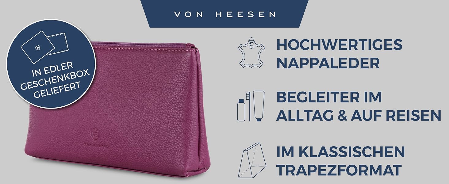 Шкіряна косметичка VON HEESEN для жінок та чоловіків, дорожня сумка для аксесуарів та засобів гігієни з натуральної шкіри, рожева