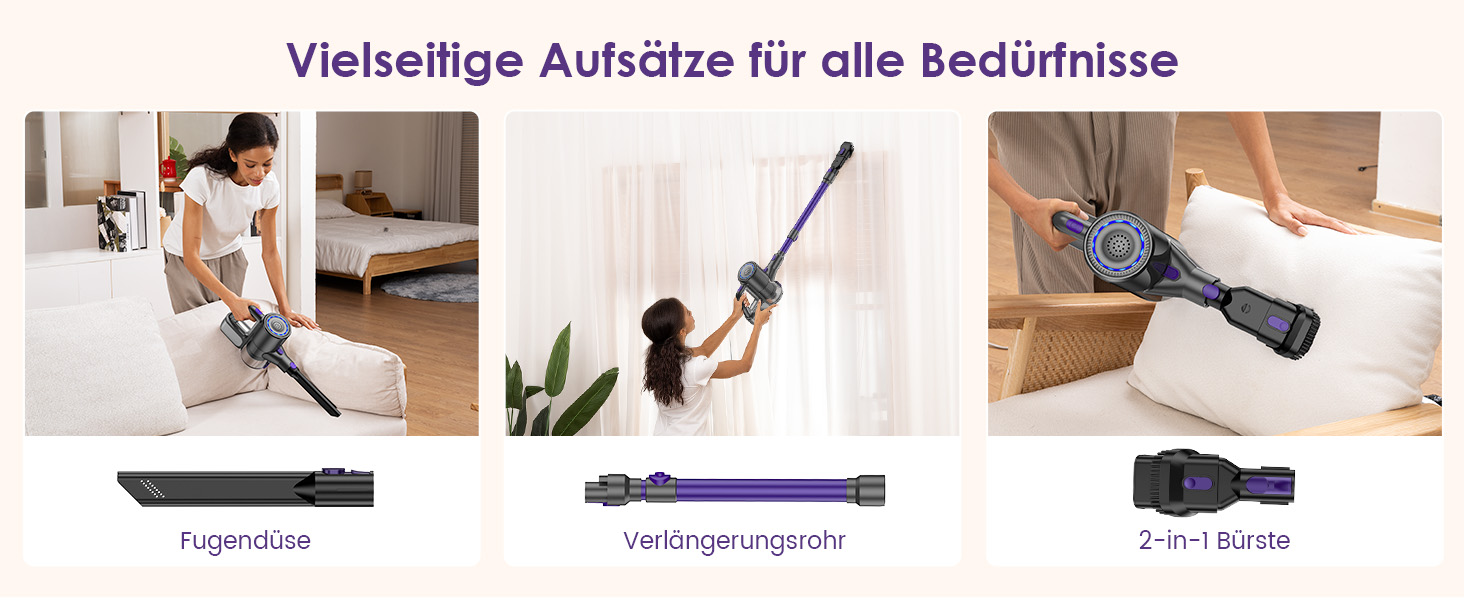 Акумуляторний пилосос Suirviz бездротовий, 40000Pa/500W, 45 хв роботи, самостійна парковка, легкий, для твердих поверхонь, килимів, шерсті тварин, фіолетовий