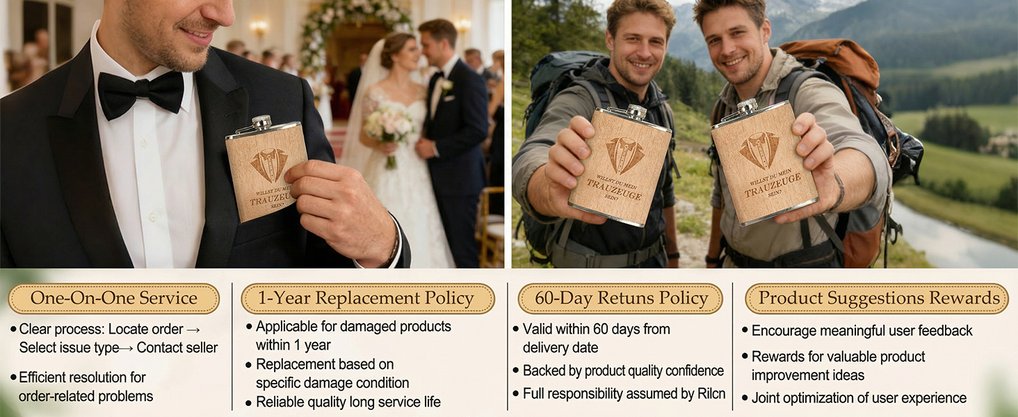 Персоналізований набір фляг 8oz з гравіюванням – фляга з нержавіючої сталі, 4 склянки, воронка & подарункова коробка для дружків, подарунок на весілля для чоловіків та жінок (колір дерева)