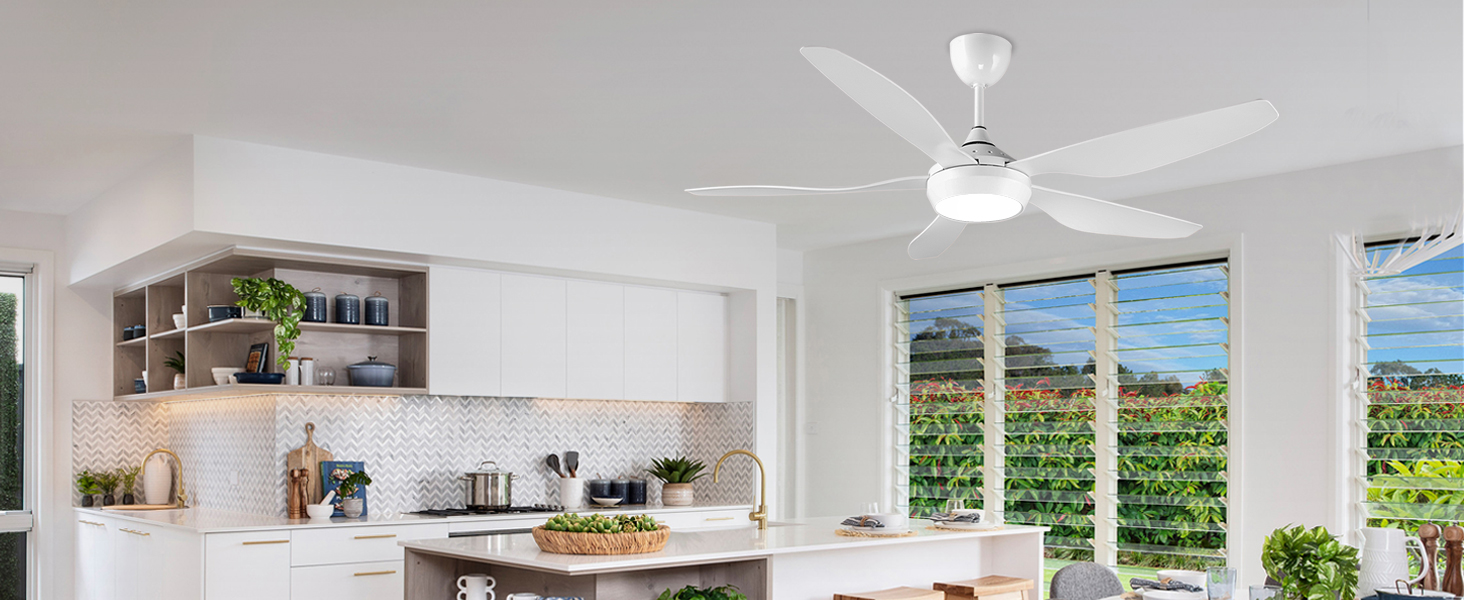 Стеляний вентилятор Reiga з LED-підсвічуванням та пультом керування, 132 см, білий, DC-двигун, тихий, 6 швидкостей, 3 колірні температури, для внутрішнього та зовнішнього використання (5 лопатей, білий)