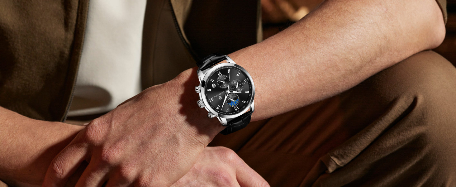 Годинник чоловічий LIGE, Хронограф, Аналоговий кварц, Ремінець зі шкіри, Календар, Світлодіодне підсвічування, Водостійкий 3ATM, Чоловічий годинник для бізнесу та відпочинку, Чорний