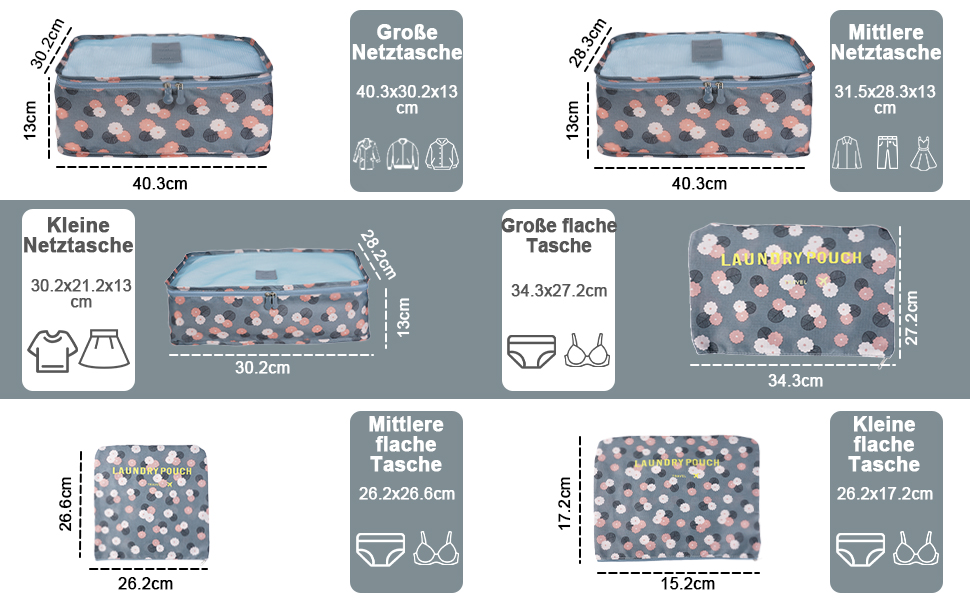 Органайзер для валізи Vicloon, набір 8/6 шт. - сумки-органайзери для подорожей, аксесуари для валізи, чохли для взуття, косметичні сумки, блакитний з квітковим принтом