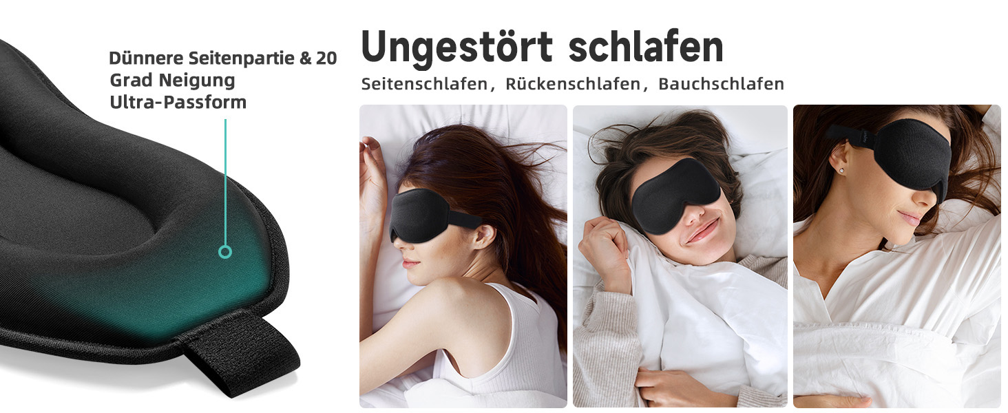 Маска для сну Umisleep для тих, хто спить на боці, з 3D-кишеньками для очей та регульованим гумовим ремінцем, блокує світло та дихає, підходить для чоловіків та жінок, для подорожей та йоги, чорна