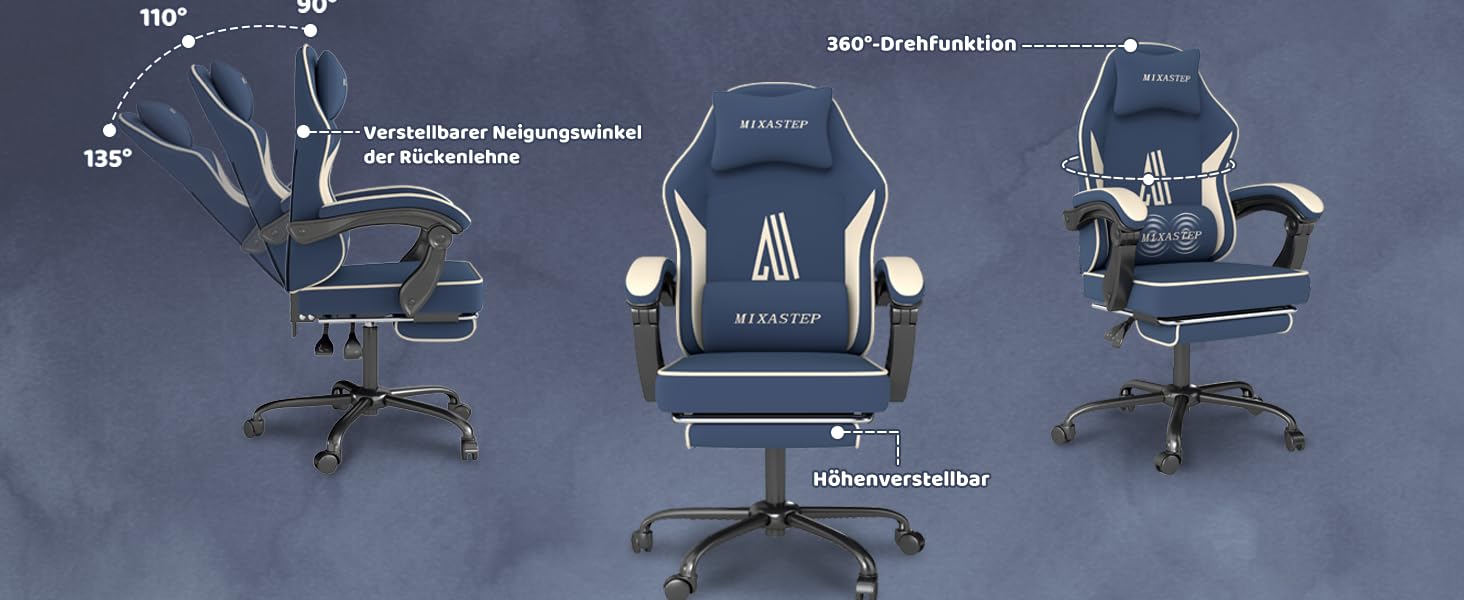 Геймерське крісло з підставкою для ніг, ергономічне, з підголівником та підтримкою попереку, оббите преміум-тканиною, до 130 кг. Для геймерів, офісу, дому (дорослим, підліткам, дітям). Новий темно-синій колір