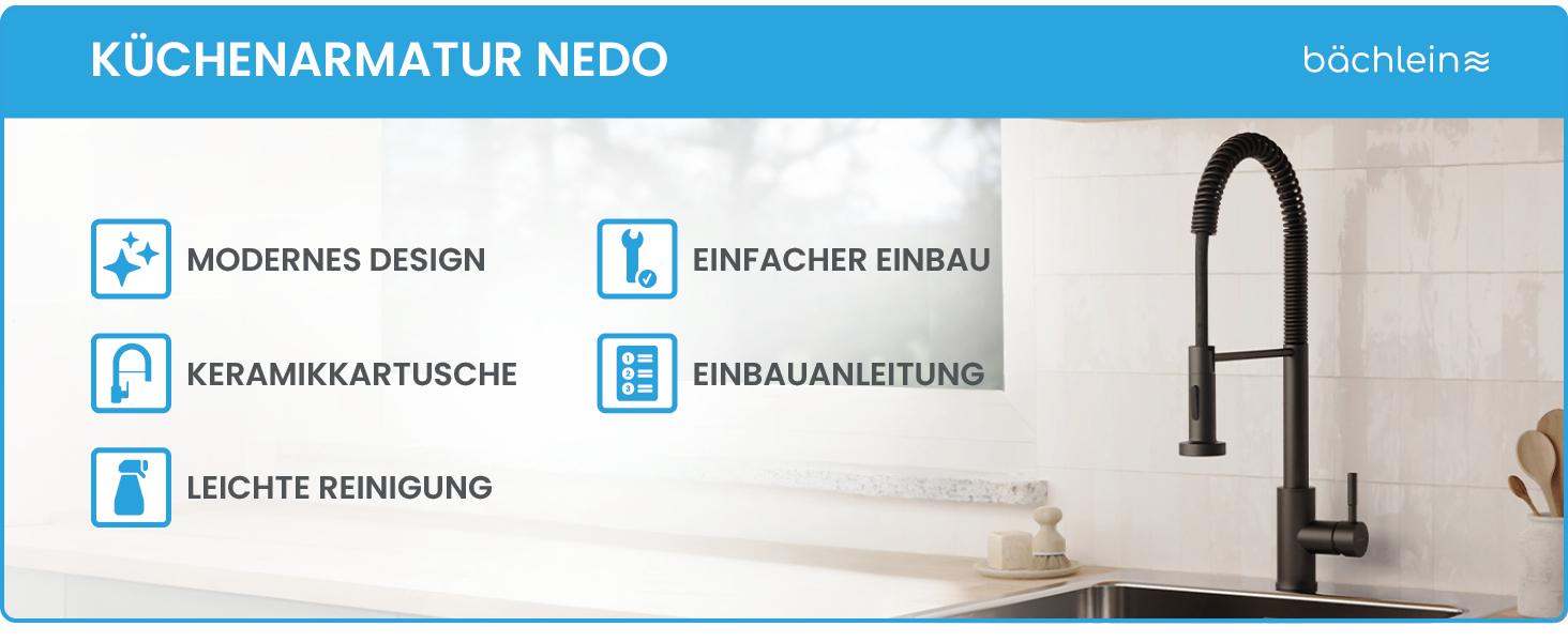 Кухонний змішувач Bächlein Nedo – поворотний на 360°, матовий чорний, з нержавіючої сталі, з гнуким виливом та висувною лійкою, для кухні