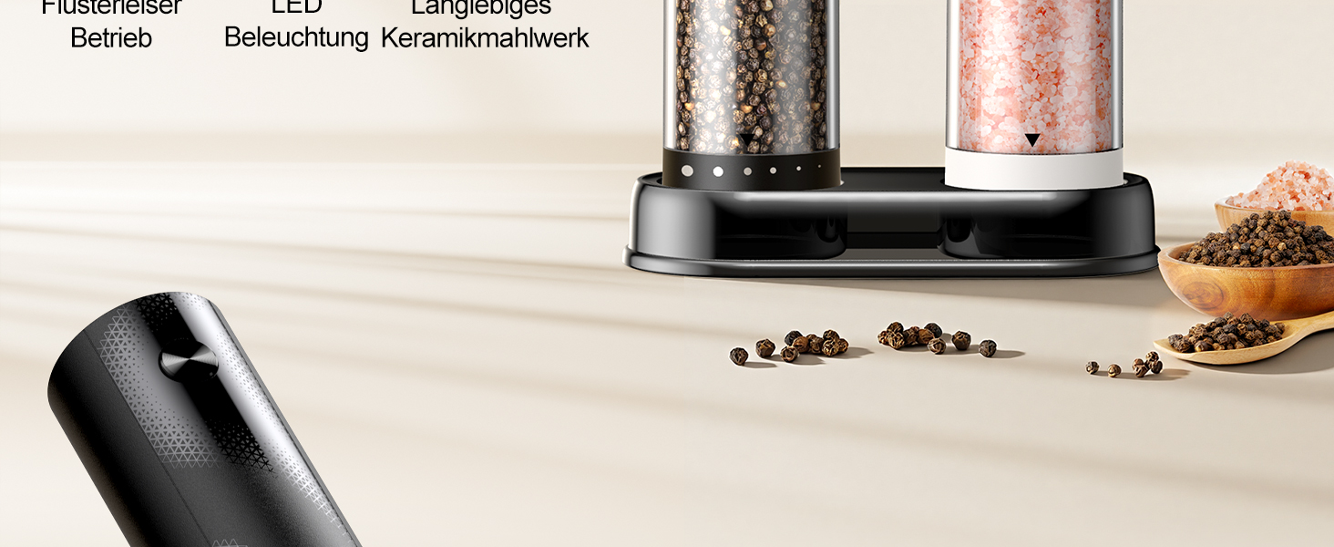 Електричні мельниці для солі та перцю 2 шт. з USB-C зарядкою, регулюванням помелу, LED-підсвічуванням, керамічним жорном та стійкою підставкою – чорний та білий