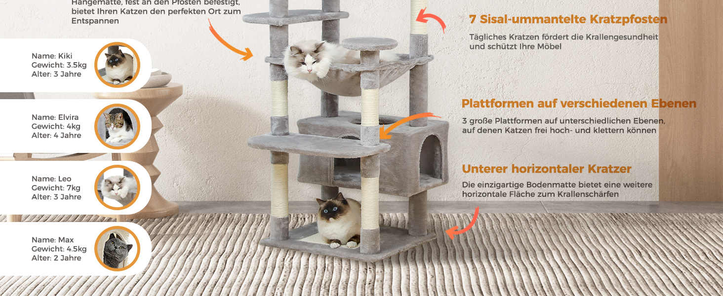 Котячий комплекс PAWZ Road для великих котів, 184 см, сірий. Двоповерховий, з сизалевою оббивкою, 2 стійки, будиночок та кошик для дому.