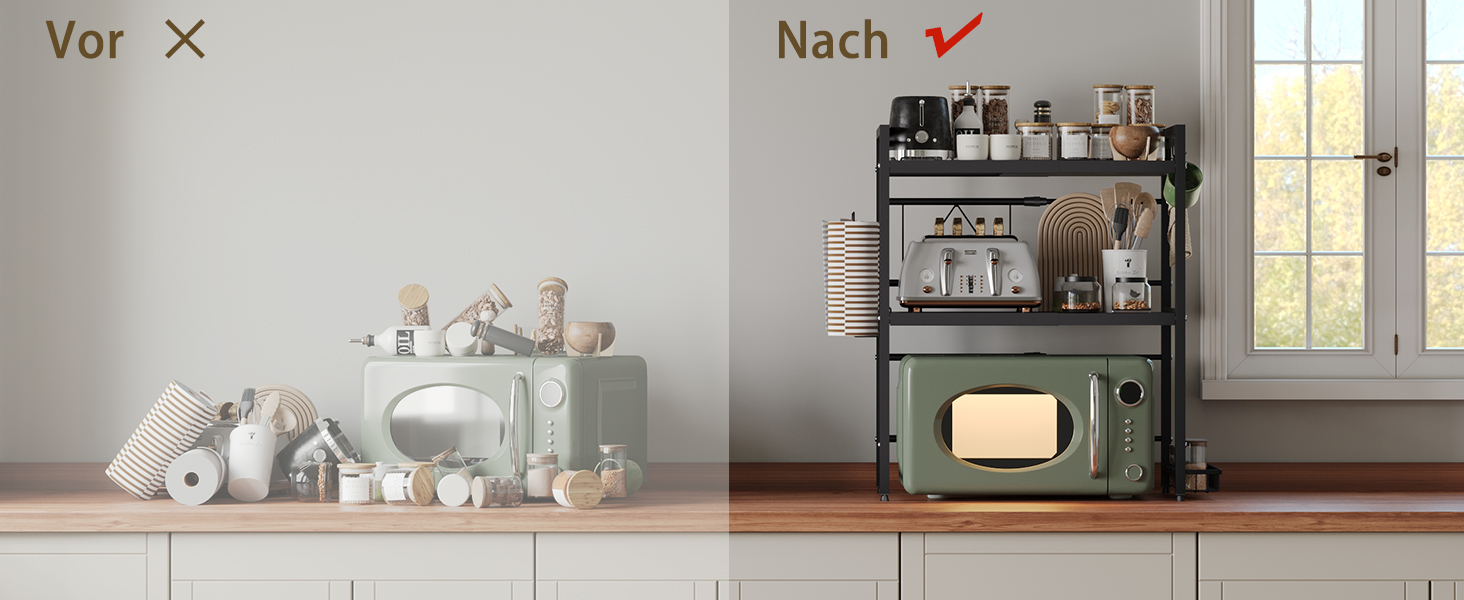 Підставка для мікрохвильової печі NETEL 3-ярусна, розширювана, з 8 гачками, чорна