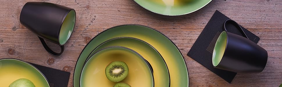 CreaTable Geschirrset HOT GREEN, 16-teilний комбінований сервіз з кераміки, для дому та ресторану