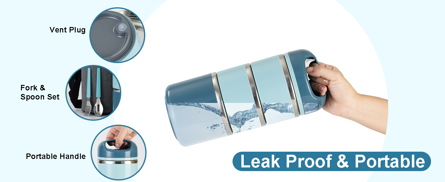 Ланчбокс Lille Home з нержавіючої сталі 1.43л, 3-рівневий, ізольований, без BPA, для їжі на виніс, підходить для жінок та чоловіків (блакитний)