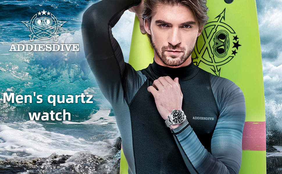 Годинник чоловічий ADDIESDIVE з кварцовим механізмом, аналоговий, водостійкий 20bar, з нержавіючої сталі, великий, зі світловідбиваючим покриттям (морський блакитний)