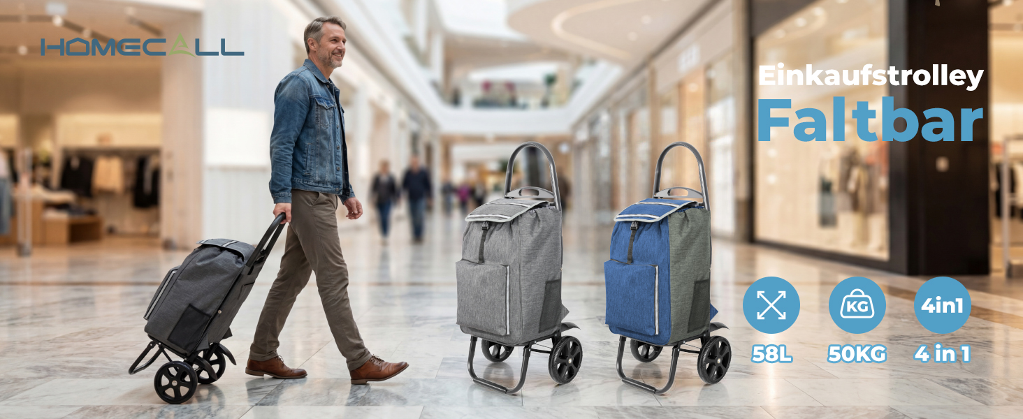Складаний візок для покупок Homecall 50L з охолодженням, 3-в-1: візок, сумка-тележка, рюкзак (темно-сірий)