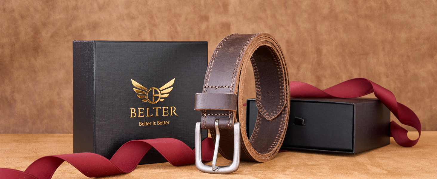 Чоловічий шкіряний ремінь BELTER 38 мм з подарунковою коробкою, коричневий. Підходить для розміру талії 32W-35W (довжина 105 см)