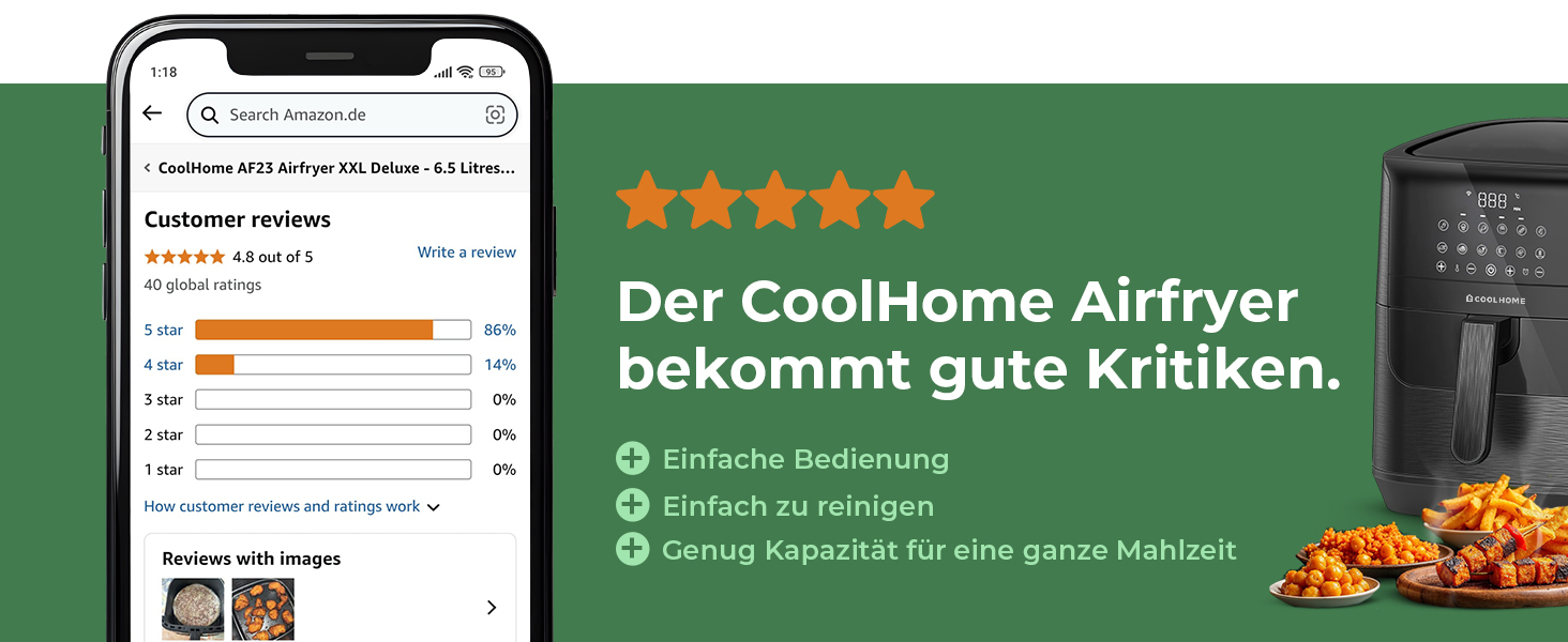 Фритюрниця CoolHome AF23 XXL Deluxe, 6,5 л, з керамічним покриттям, чорна