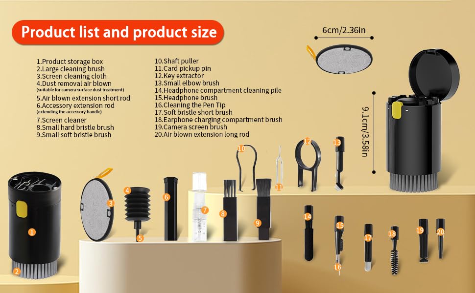Набір для чищення 20-в-1 для AirPods, ноутбуків, телефонів, клавіатур – Професійний набір для чищення екранів з мікрофіброю, щітками, USB-щільочкою (Critin-20-in-1 black)