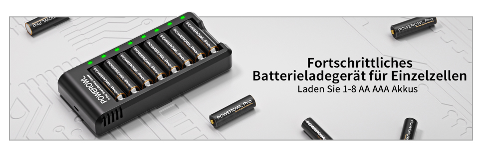 Зарядний пристрій PowerOWL для акумуляторів AAA Pro, комплект 8 шт. + 8 акумуляторів AAA, перезаряджувані (NIMH)