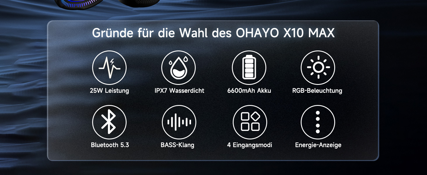 Bluetooth Портативна Колонка OHAYO з LED підсвіткою, 25W, IPX7, 24h, Bass Boost, 6 RGB режимів, для активного відпочинку, чорна