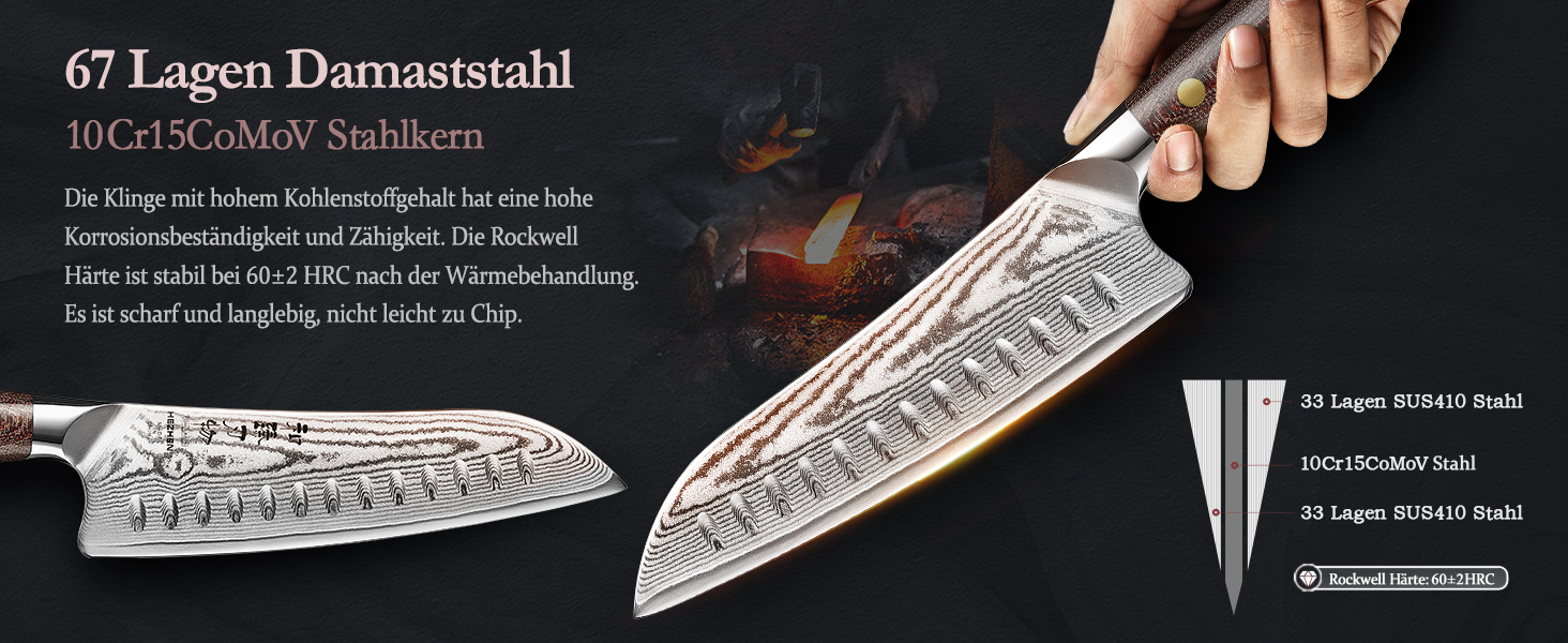 HEZHEN 21см ніж шеф-кухаря з дамаської сталі, 67 шарів, професійний кухонний ніж з дерев'яною піхвою, Full Tang ручка з Micarta