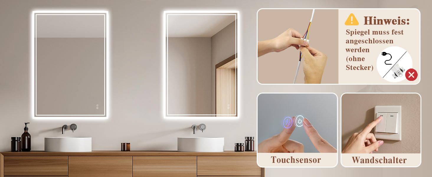 Дзеркало для ванної кімнати з підсвічуванням LED, антизапітніння, сенсорний вимикач, регулювання яскравості, 3 кольори світла, овальне, 50x70 см