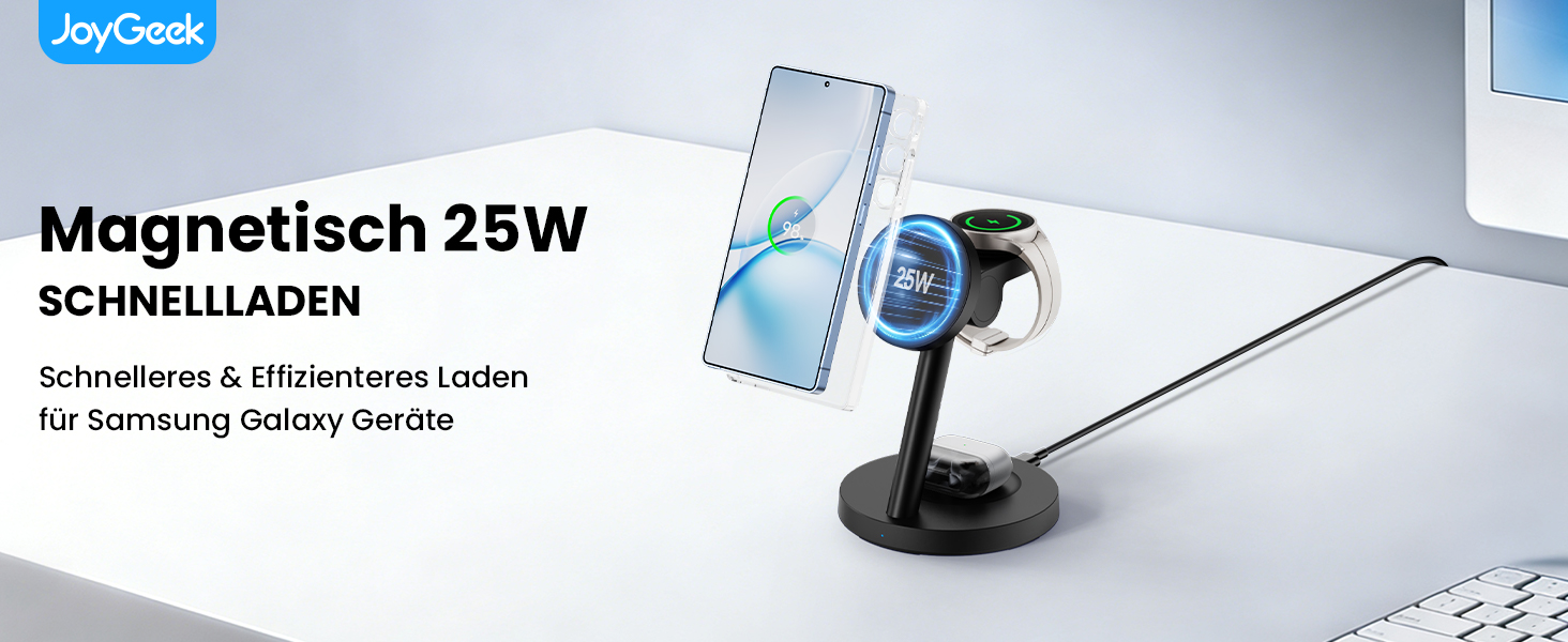 Зарядна станція JoyGeek 4-в-1 з магнітною індуктивною зарядкою 25W для Samsung Galaxy S26/S25/Ultra/Z Fold/Flip 7, бездротова зарядка для Galaxy Watch 8/5/Ultra та Buds 4/2/Pro (чорна)