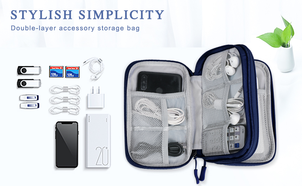 Органайзер для кабелів Simpolor: подвійний шар, для подорожей, USB, Powerbank, SD-картки (Блакитний)