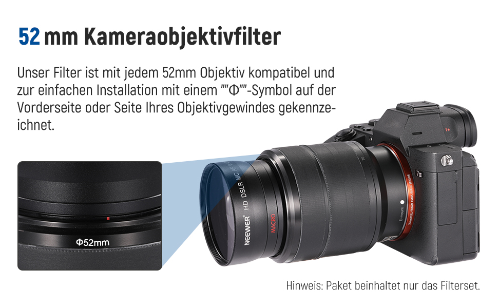 Набір об'єктивів NEEWER 52mm: ширококутний, телеоб'єктив, макро, ND-фільтри (ND2, ND4, ND8), UV, CPL, FLD для APS-C