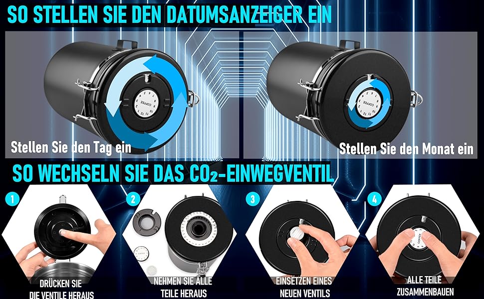 Герметичний контейнер для кави 1 кг: нержавіюча сталь, вікно, датчик дати, мірна ложка 30 мл, CO₂-вентиль, для кавових зерен, чаю, цукру