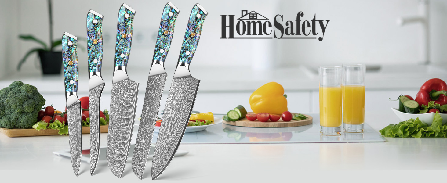 Набір кухонних ножів Damast Santoku 5шт з лезом 18 см (VG-10 сталь, ручка Abalone), подарункова коробка