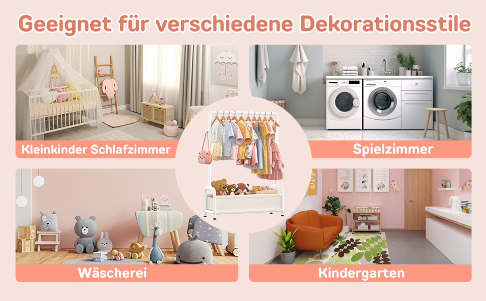 Дитяча вішалка для одягу Kinder Garderobe 80x30x125 см, біла. З гачками та кошиком для зберігання, U-подібна основа.