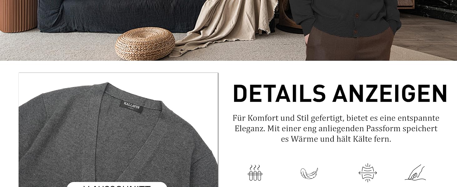 Чоловічий кардиган Kaspin з вовняної суміші, V-подібний виріз, ґудзики та кишені (колір кава, розмір S)