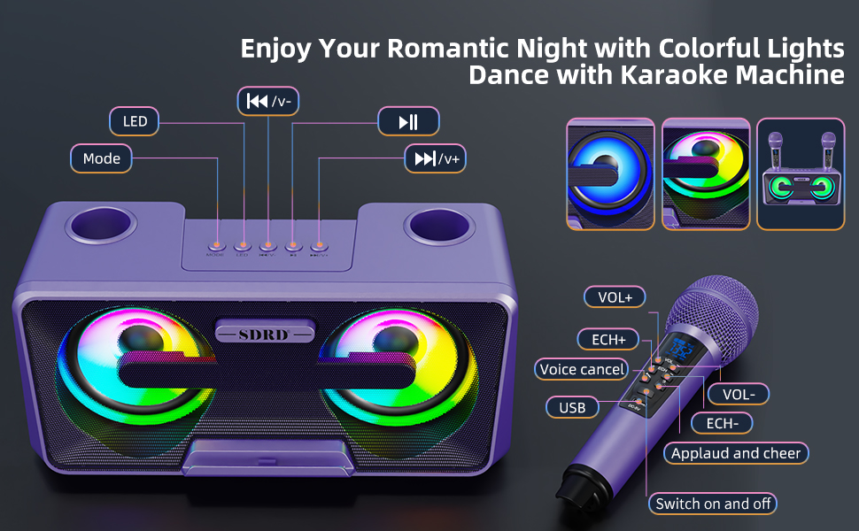 Караоке-машина з 2 бездротовими мікрофонами, Bluetooth, світлові ефекти, підставка для телефону (Lila)