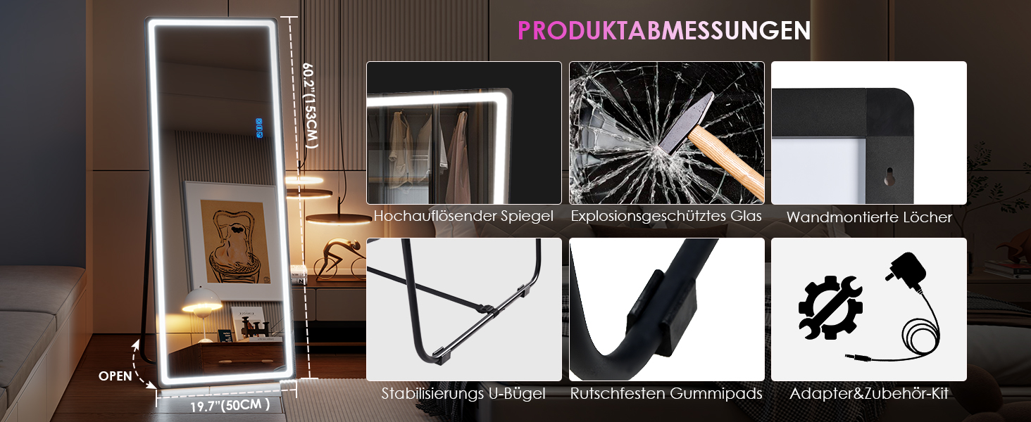 Дзеркало для тіла LVSOMT з підсвіткою, 120x40 см, настінне/на двері, LED, чорне