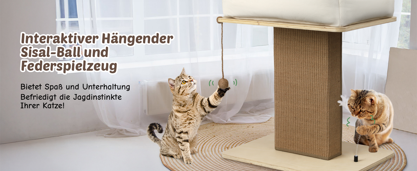 Котячий будиночок з дряпалкою Luxus: широка колона з берези, міцний, до 25 кг, сизаль, велике ліжко з подушкою з органічної льону, легко збирається, бежевий колір