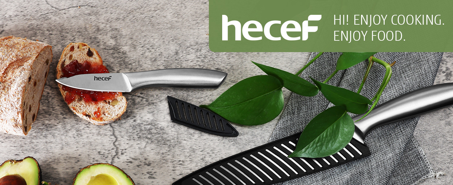 Набір кухонних ножів Hecef (3 шт) з нержавіючої сталі, сріблястого кольору, з порожнистим руків'ям, з захисними піхвами