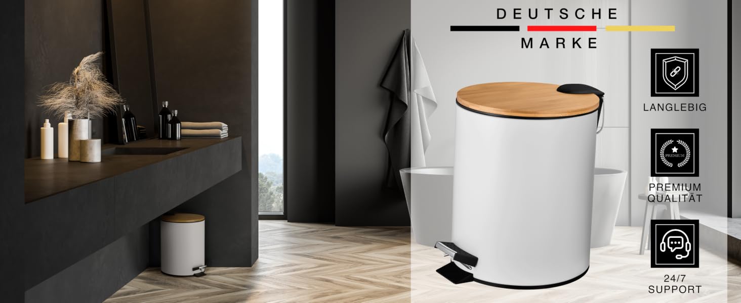Смітник для косметики VMbathrooms з педаллю та бамбуковою кришкою, Soft-Close, 5 л, білий — для ванної кімнати та туалету