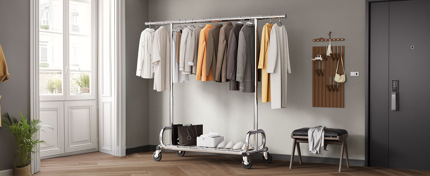 Вішалка для одягу HOKEEPER на колесах, вантажопідйомність 204 кг, висувна штанга для одягу S005