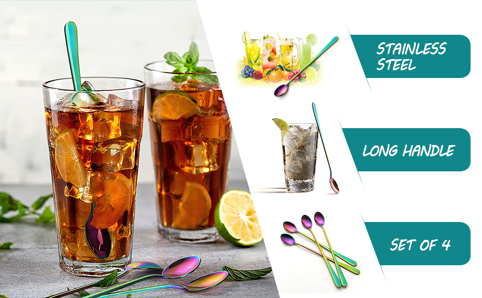 Набір ложок для лате AOOSY 8 шт., 22.7 см, нержавіюча сталь, довга ручка, для кави, коктейлів, десертів, айс-ті, 8 шт. сріблястого кольору (4 шт. кольорові)