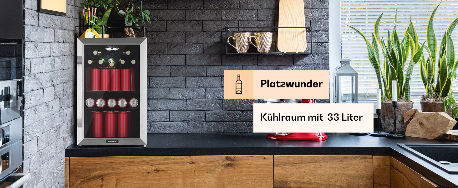 Міні-холодильник Klarstein з скляними дверцятами, 33 л, срібний, для кімнати, тихий, з регульованими полицями