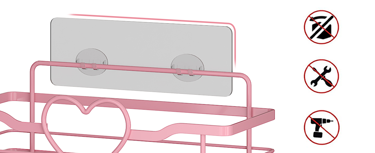 Двостороння поличка для душу без свердління, рожева, з 4 гачками, 11.5 см - органайзер для шампуню та мила