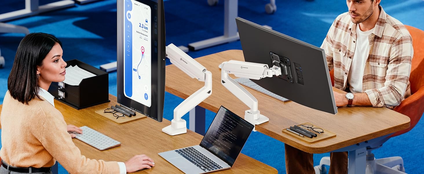 Кронштейн для монітора ONKRON G80-BW з газліфтом, для екранів 13-32 дюймів до 10 кг, VESA 75x75 / 100x100, регулювання висоти та нахилу, біло-чорний