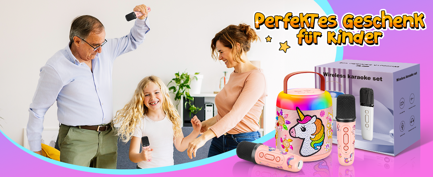 Караоке машина для дітей з 2 мікрофонами, рожева, єдиноріг, 3-12 років