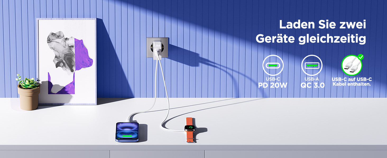 Мережевий адаптер USB C з двома портами, 20W, PD 3.0, з кабелем USB C - USB C 2м, білий